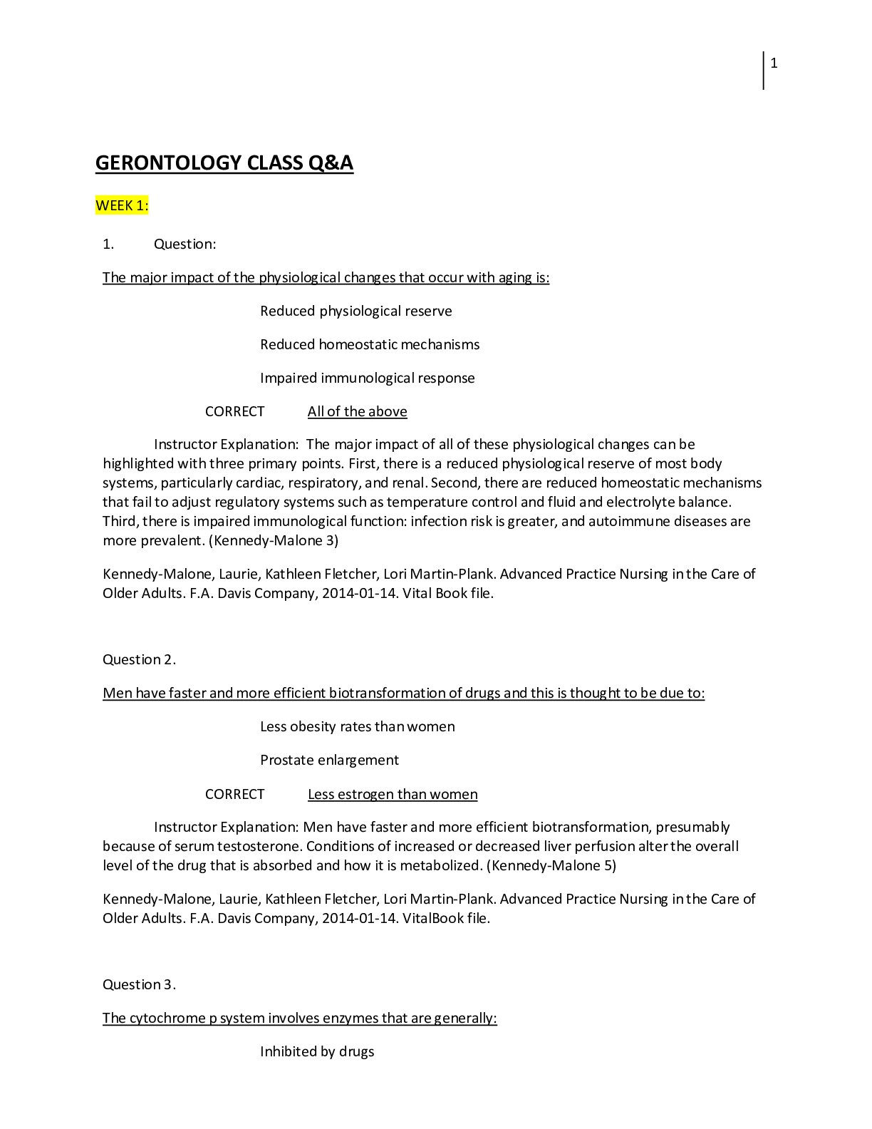 Preview image of Gerontology class Midterm Exam Q&A document